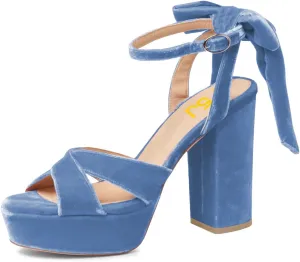 FSJ Women Platform Chunky High Heel Sandals Velvet Peep Toe Bowtie Ankle Strap with Buckle Party Evening Dress Pumps Shoes Size 4-15 US