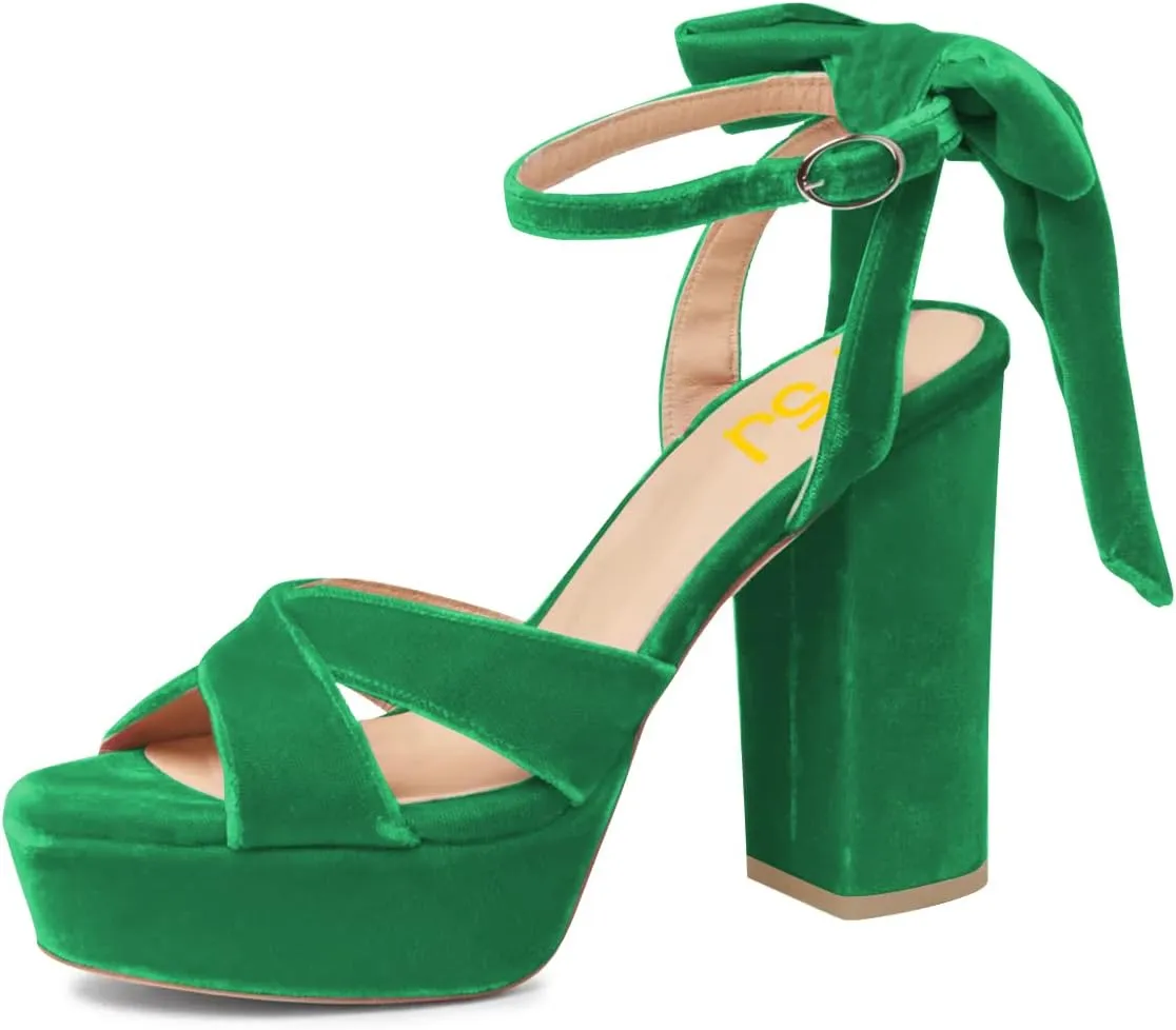 FSJ Women Platform Chunky High Heel Sandals Velvet Peep Toe Bowtie Ankle Strap with Buckle Party Evening Dress Pumps Shoes Size 4-15 US