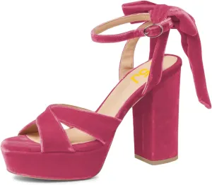 FSJ Women Platform Chunky High Heel Sandals Velvet Peep Toe Bowtie Ankle Strap with Buckle Party Evening Dress Pumps Shoes Size 4-15 US