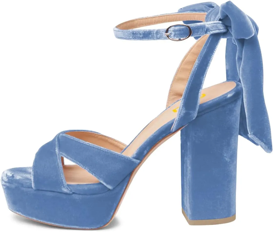 FSJ Women Platform Chunky High Heel Sandals Velvet Peep Toe Bowtie Ankle Strap with Buckle Party Evening Dress Pumps Shoes Size 4-15 US