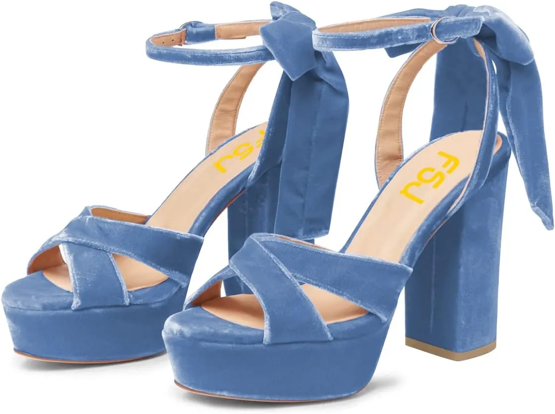 FSJ Women Platform Chunky High Heel Sandals Velvet Peep Toe Bowtie Ankle Strap with Buckle Party Evening Dress Pumps Shoes Size 4-15 US