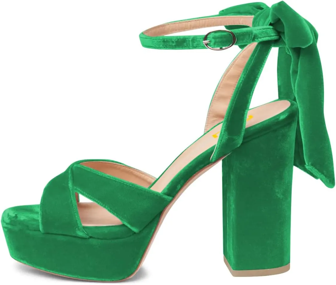 FSJ Women Platform Chunky High Heel Sandals Velvet Peep Toe Bowtie Ankle Strap with Buckle Party Evening Dress Pumps Shoes Size 4-15 US