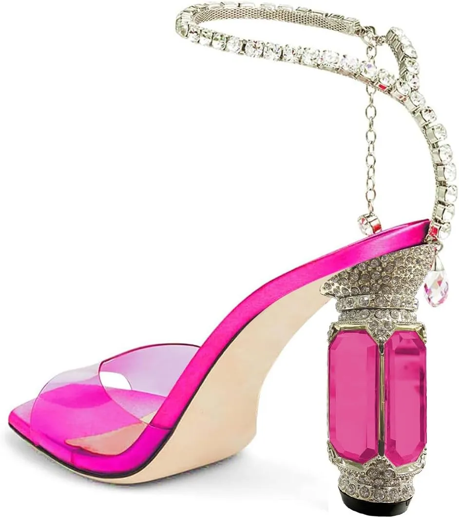 FSJ Women Square Open Toe Heeled Sandals Crystal Chain Ankle Strap Pumps Rhinestone Buckle Jewel Chunky High Heels Party Bridal Shoes Size 4-16 US
