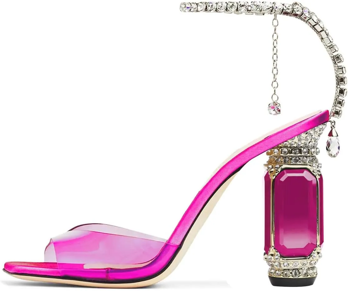 FSJ Women Square Open Toe Heeled Sandals Crystal Chain Ankle Strap Pumps Rhinestone Buckle Jewel Chunky High Heels Party Bridal Shoes Size 4-16 US