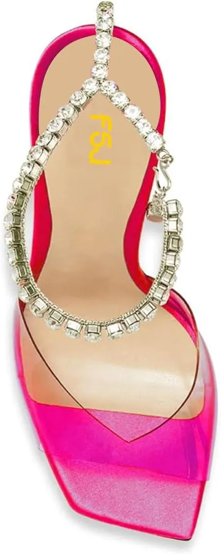 FSJ Women Square Open Toe Heeled Sandals Crystal Chain Ankle Strap Pumps Rhinestone Buckle Jewel Chunky High Heels Party Bridal Shoes Size 4-16 US
