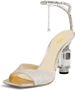 FSJ Women Square Open Toe Heeled Sandals Crystal Chain Ankle Strap Pumps Rhinestone Buckle Jewel Chunky High Heels Party Bridal Shoes Size 4-16 US