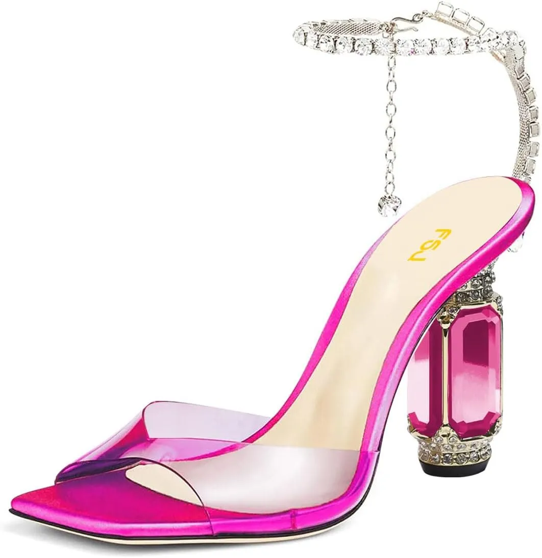 FSJ Women Square Open Toe Heeled Sandals Crystal Chain Ankle Strap Pumps Rhinestone Buckle Jewel Chunky High Heels Party Bridal Shoes Size 4-16 US