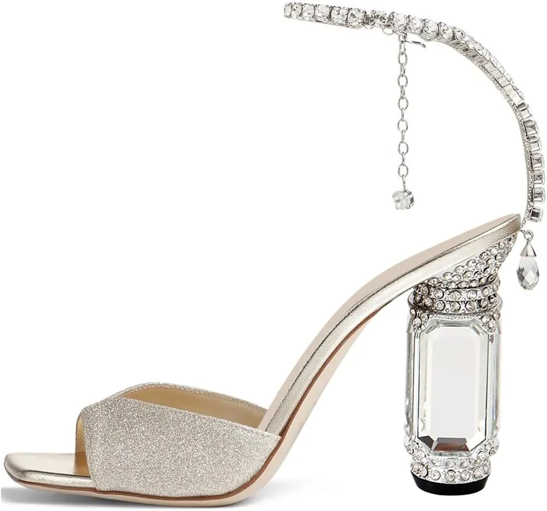 FSJ Women Square Open Toe Heeled Sandals Crystal Chain Ankle Strap Pumps Rhinestone Buckle Jewel Chunky High Heels Party Bridal Shoes Size 4-16 US