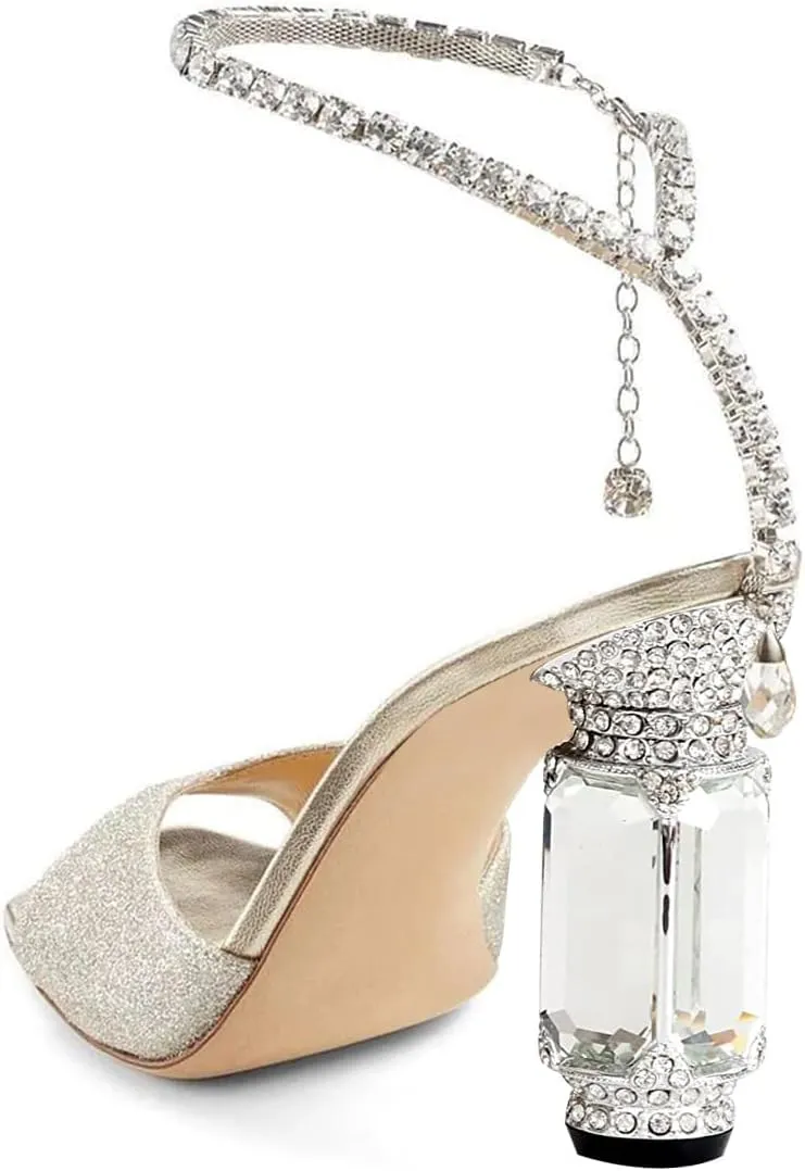 FSJ Women Square Open Toe Heeled Sandals Crystal Chain Ankle Strap Pumps Rhinestone Buckle Jewel Chunky High Heels Party Bridal Shoes Size 4-16 US