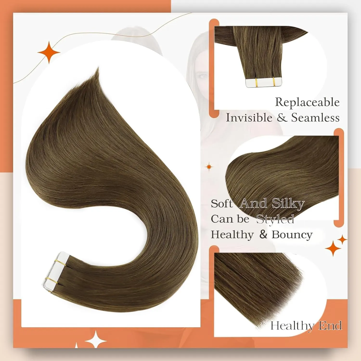 Full Shine Straight Hair Extensions Tape in Color 3 Brown Tape in Hair Extensions Human Hair 20 Inch Long Straight Hair 50Gram Tape ins Human Hair Extension 20Pcs for Wedding Remy Hair Extension