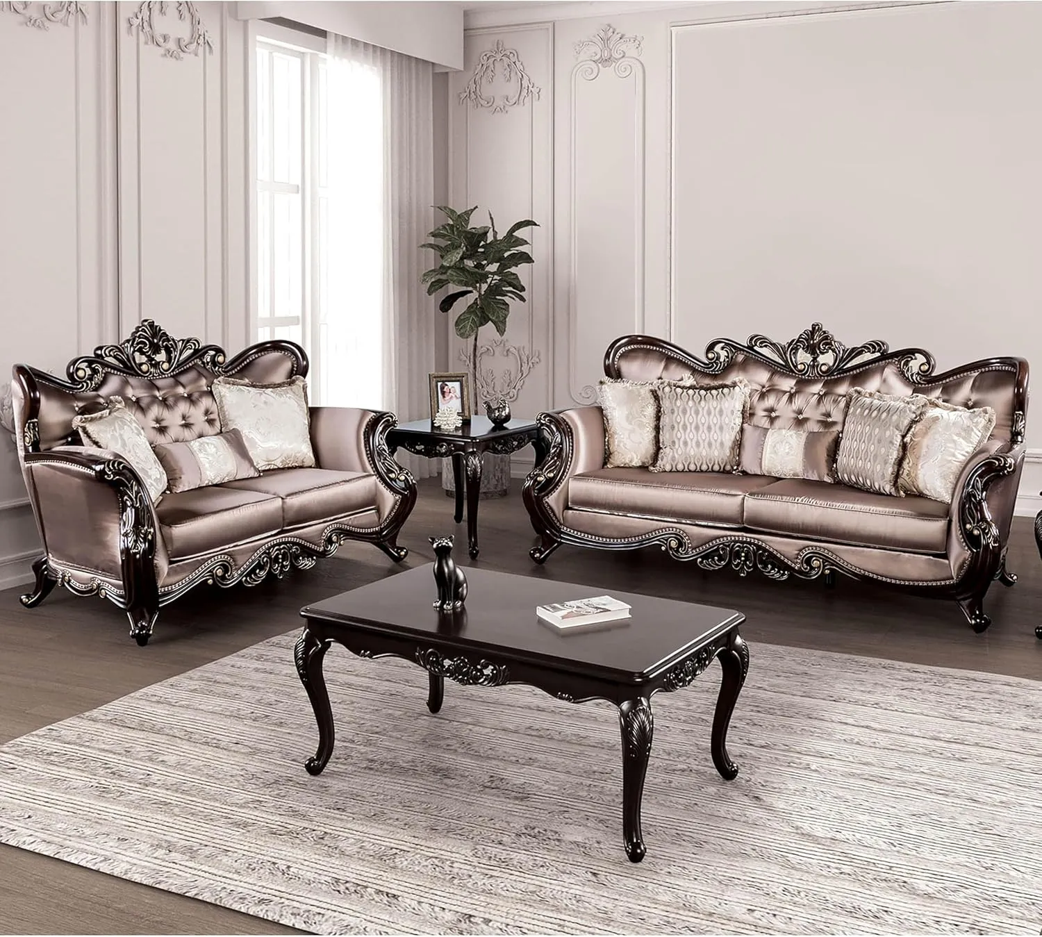 Furniture of America Nombel Velvet 2-Piece Sofa and Loveseat Set with Wingback Design and Button Tufted, Nailhead Trim, Accent Pillows Included for Living Room, Office, Dark Cherry and Brown