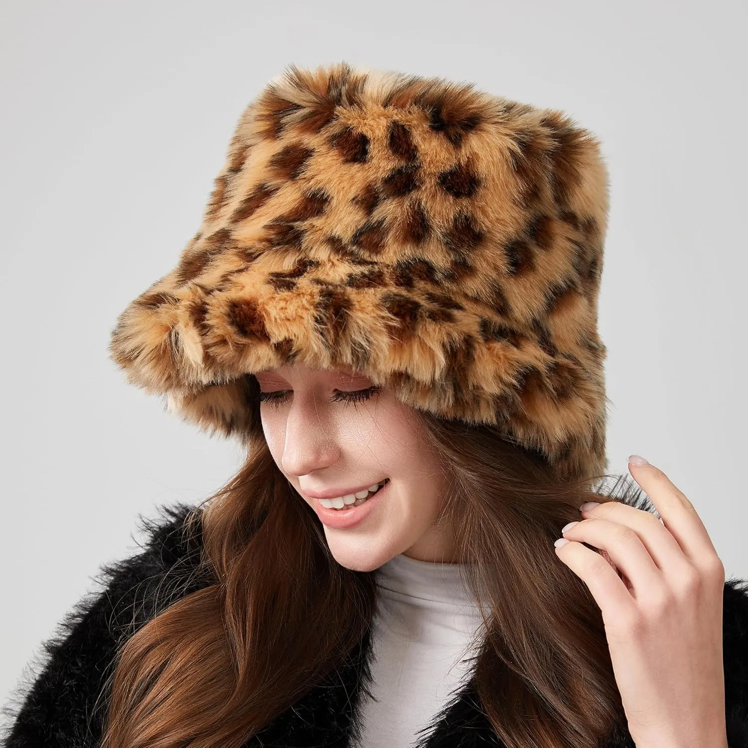 Fuzzy Bucket Hat for Women Winter Fluffy Furry Plush Faux Fur Hats Rainbow Cute Women's Bucket Hats