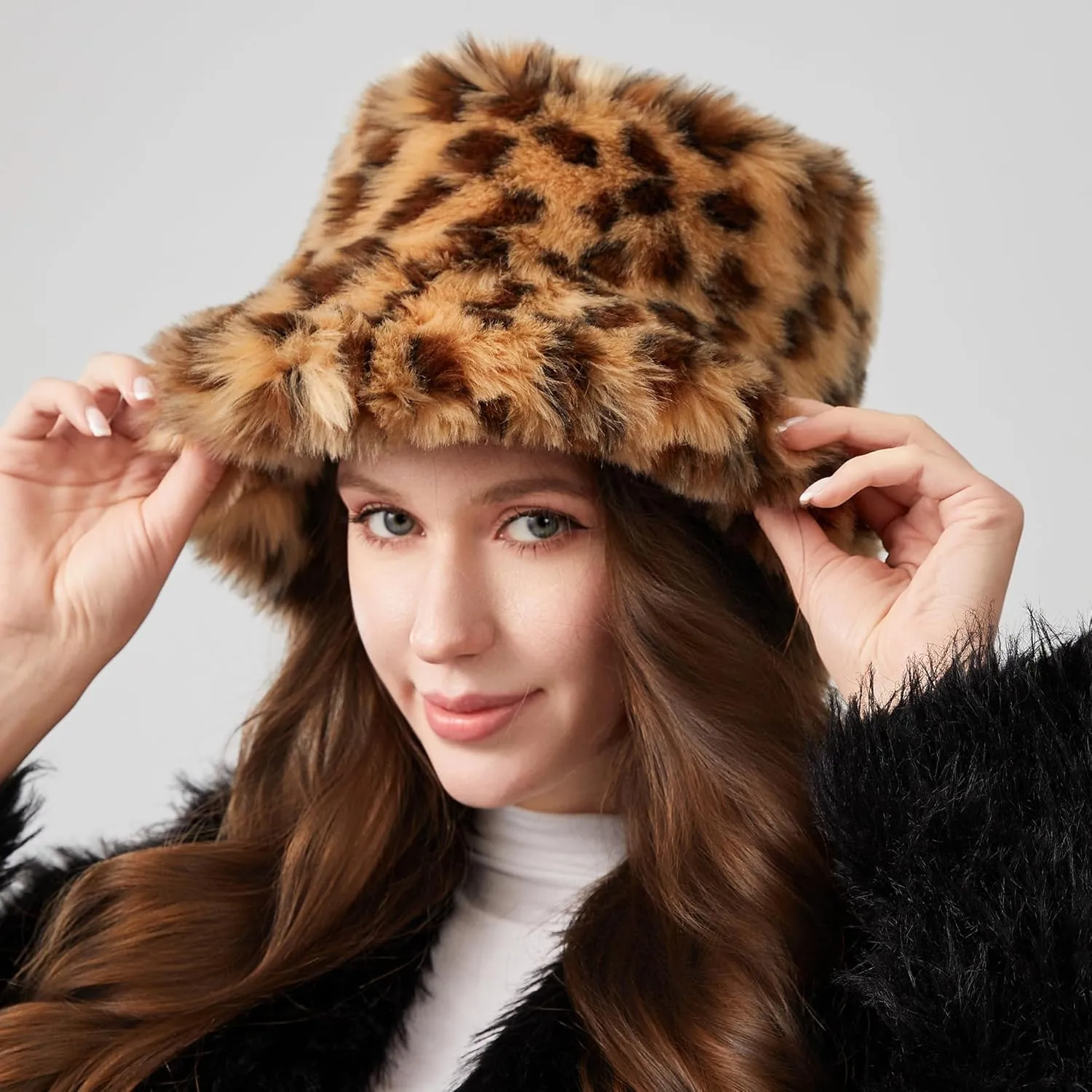Fuzzy Bucket Hat for Women Winter Fluffy Furry Plush Faux Fur Hats Rainbow Cute Women's Bucket Hats