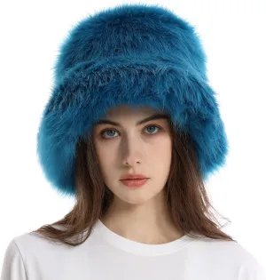 Fuzzy Bucket Hat for Women Winter Fluffy Furry Plush Faux Fur Hats Rainbow Cute Women's Bucket Hats