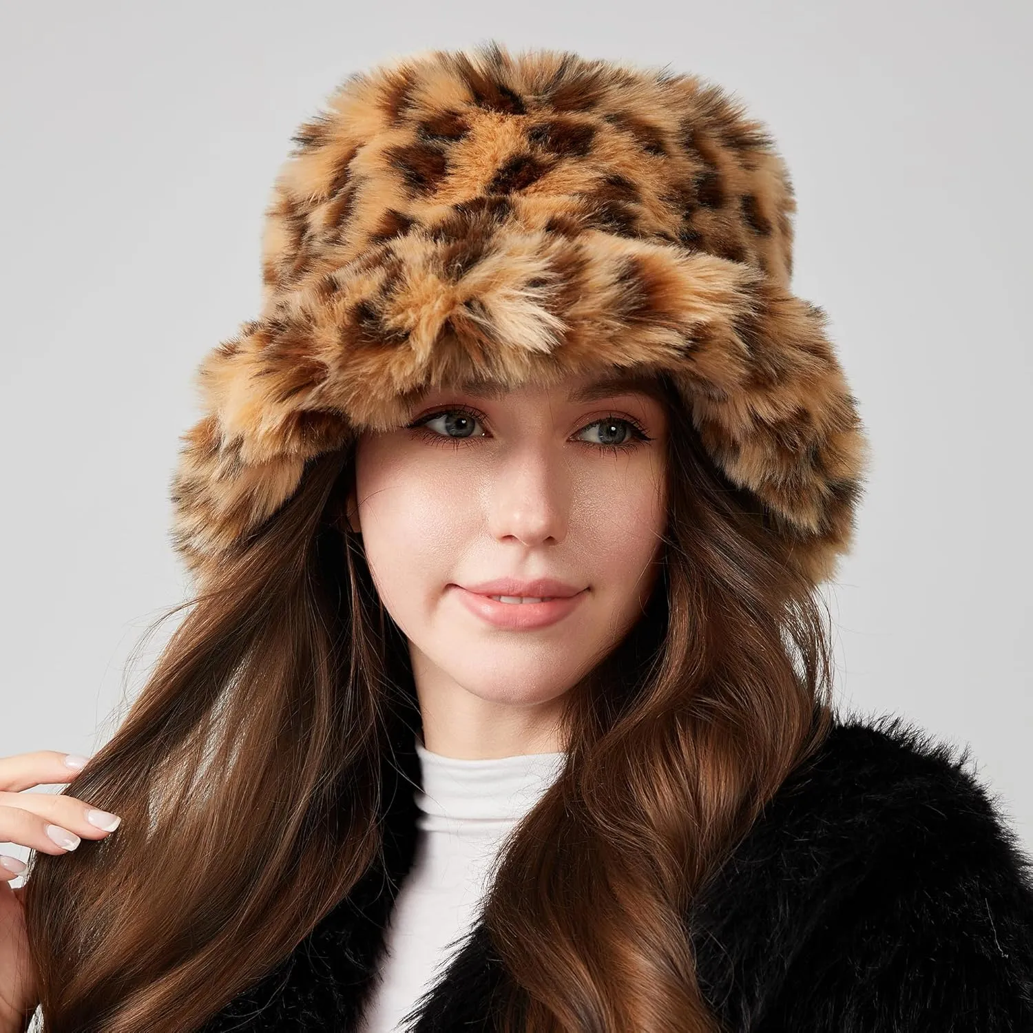 Fuzzy Bucket Hat for Women Winter Fluffy Furry Plush Faux Fur Hats Rainbow Cute Women's Bucket Hats