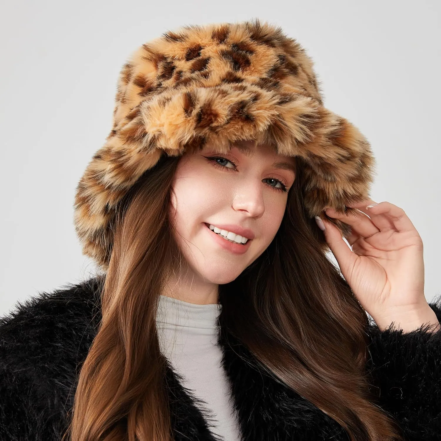 Fuzzy Bucket Hat for Women Winter Fluffy Furry Plush Faux Fur Hats Rainbow Cute Women's Bucket Hats