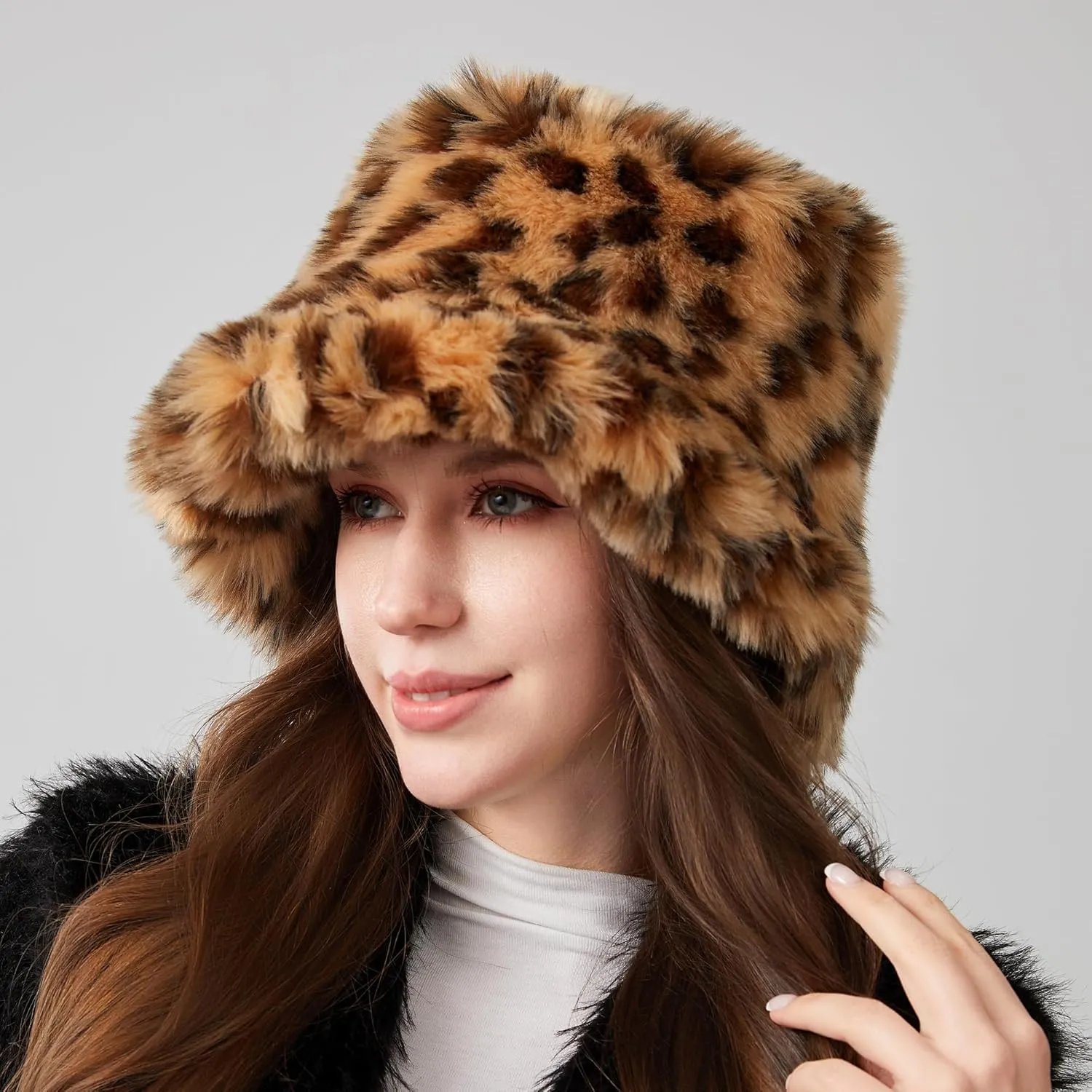 Fuzzy Bucket Hat for Women Winter Fluffy Furry Plush Faux Fur Hats Rainbow Cute Women's Bucket Hats