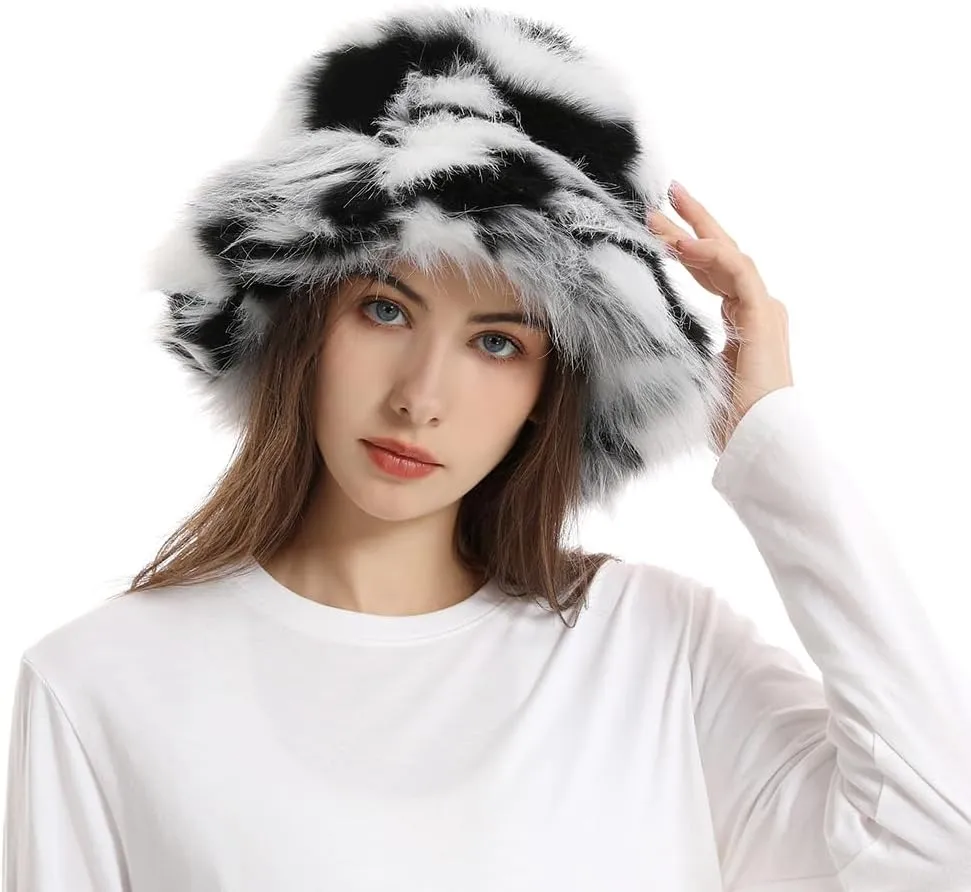 Fuzzy Bucket Hat Y2k Fashion Warm Winter Hat Fluffy Furry Plush Faux Fur Hats Fishing Hat Bucket Hats for Women 2024