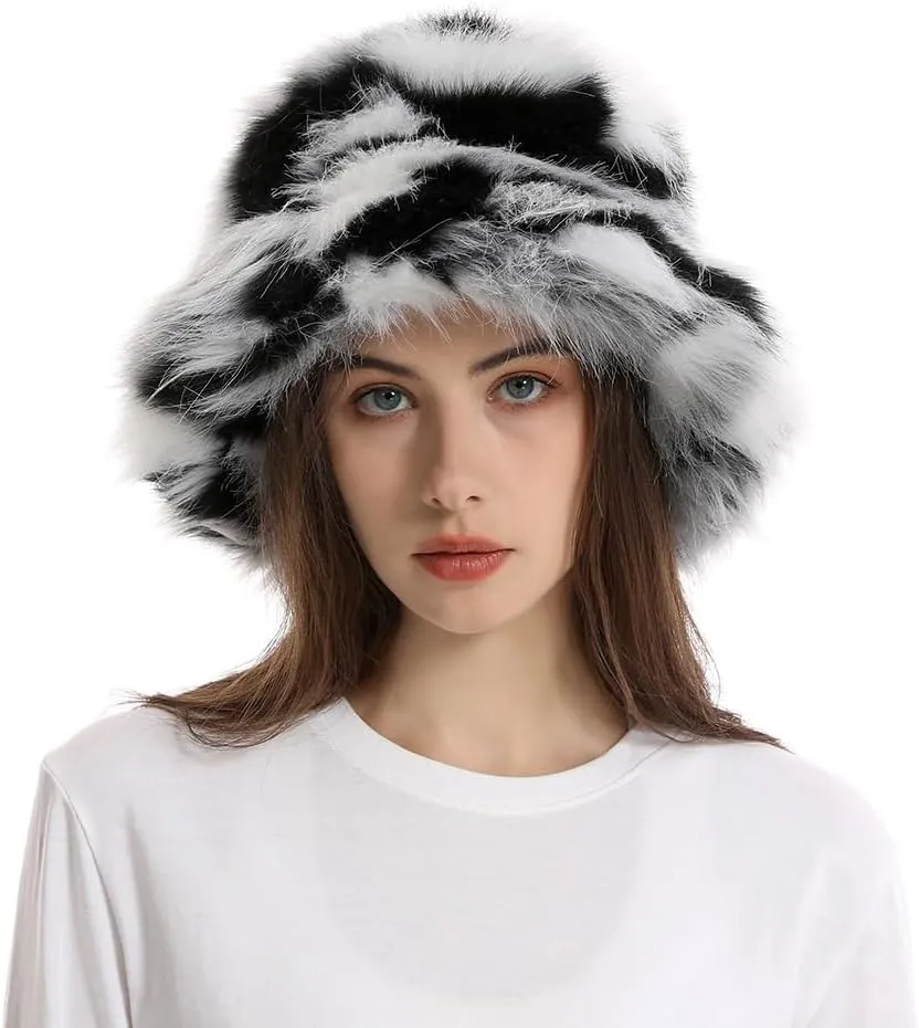 Fuzzy Bucket Hat Y2k Fashion Warm Winter Hat Fluffy Furry Plush Faux Fur Hats Fishing Hat Bucket Hats for Women 2024
