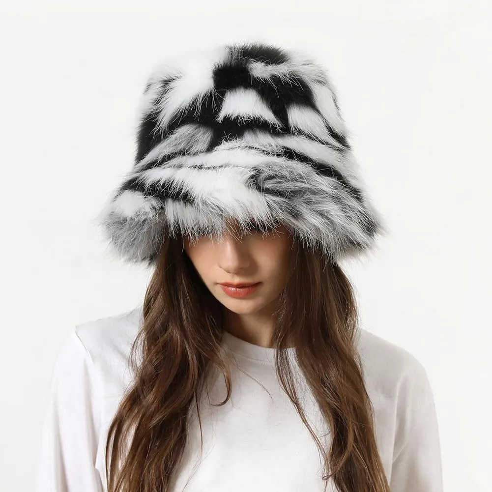 Fuzzy Bucket Hat Y2k Fashion Warm Winter Hat Fluffy Furry Plush Faux Fur Hats Fishing Hat Bucket Hats for Women 2024