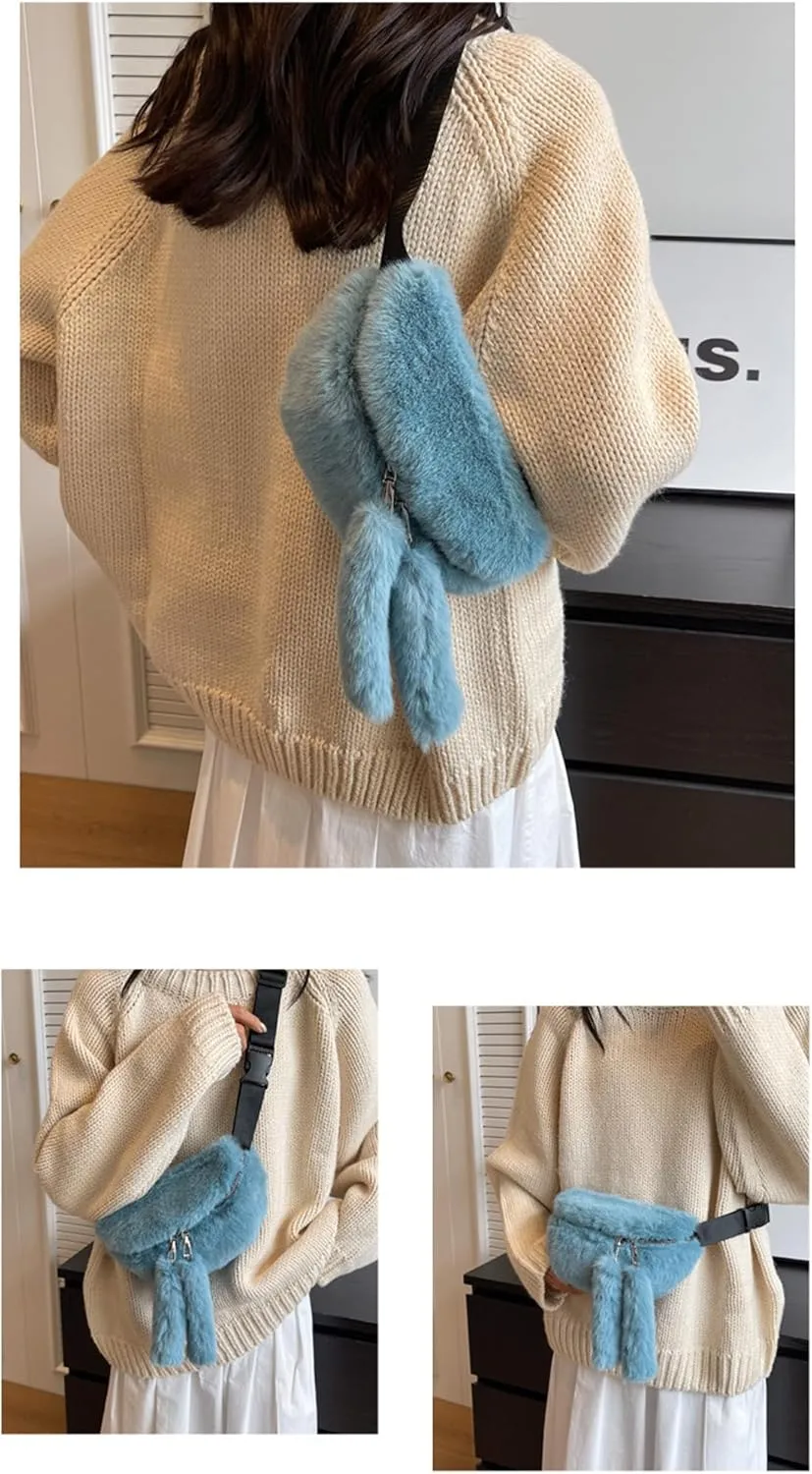 Fuzzy Fanny Pack for Women Faux Fur Belt Bum Bag with Adjustable Strap Waist Pouch Casual Crossbody Purse for Travel