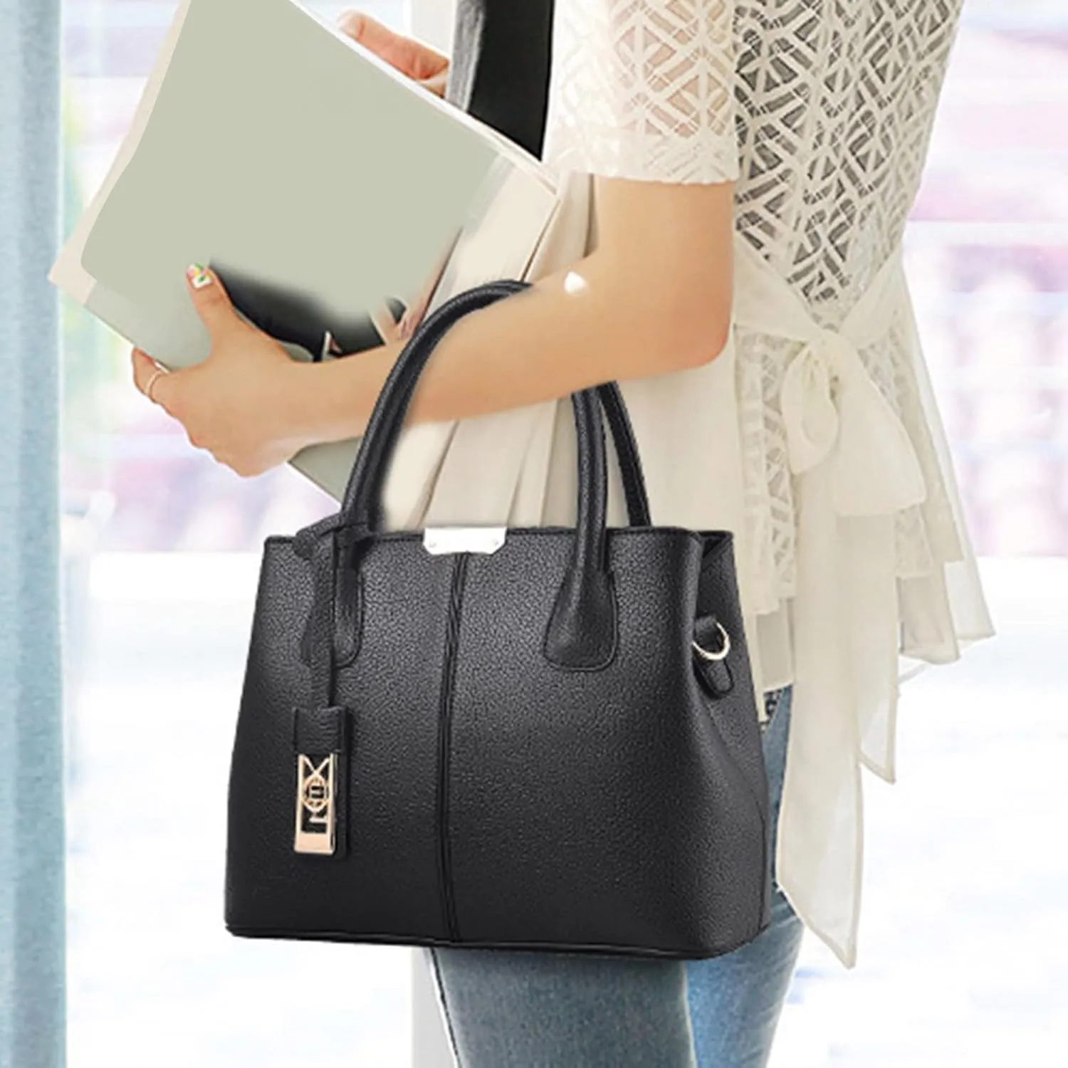FZVYD Aesthetic Tote Bag,Women Top Handle Satchel Handbag Leather Classic Crossbody Bag Fashion Ladies Elegant Shoulder Bag Tote Purse 2024 Black-b