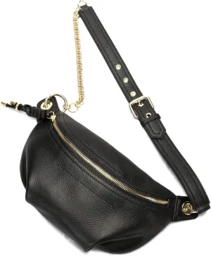 G GIRLFEEL Genuine Leather Fanny Packs Chest Bag Phone Purse with Metalic Chain for Women Mini Belt Bag Black