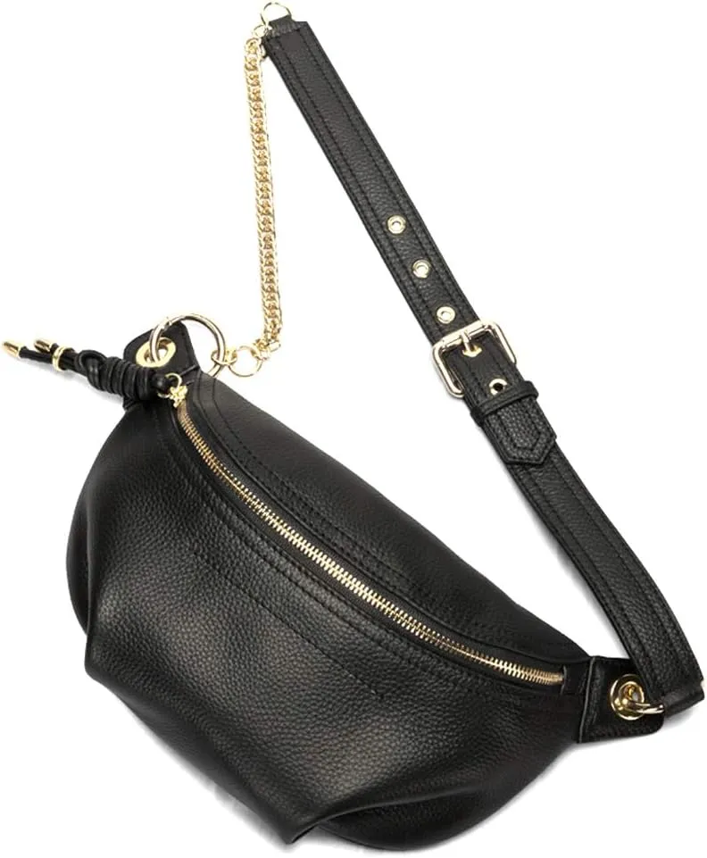 G GIRLFEEL Genuine Leather Fanny Packs Chest Bag Phone Purse with Metalic Chain for Women Mini Belt Bag Black