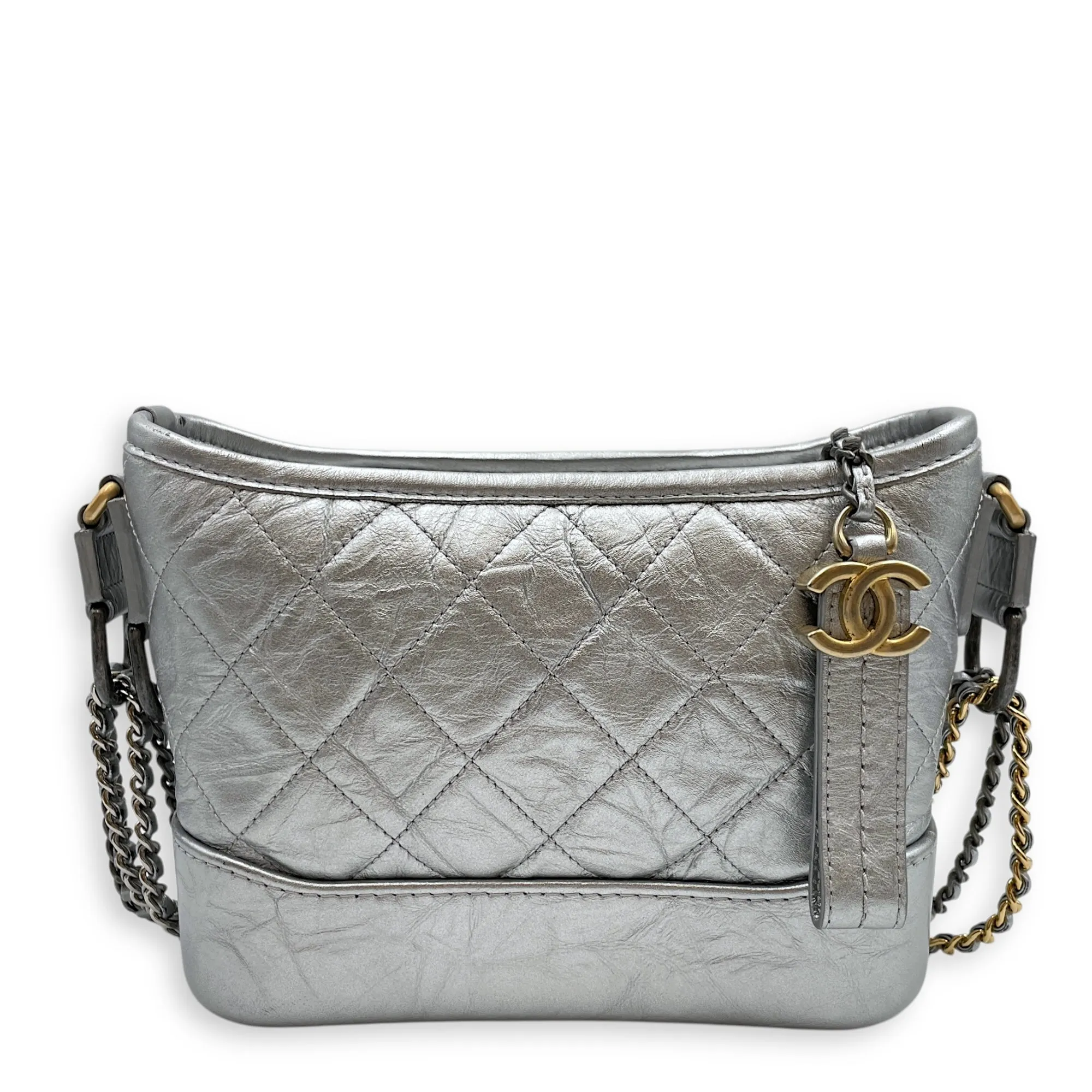 Gabrielle Hobo Silver Crossbody Bag in Distressed Leather, Tri-tone hardware