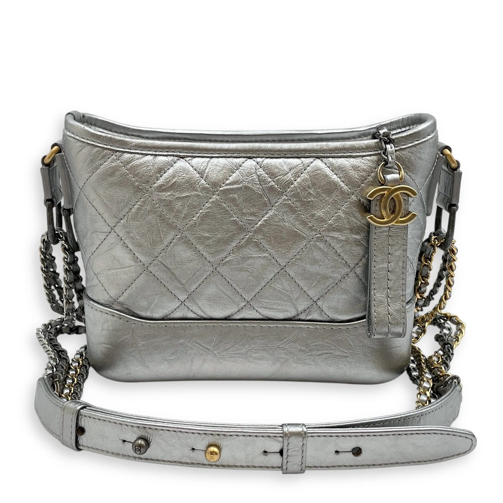 Gabrielle Hobo Silver Crossbody Bag in Distressed Leather, Tri-tone hardware