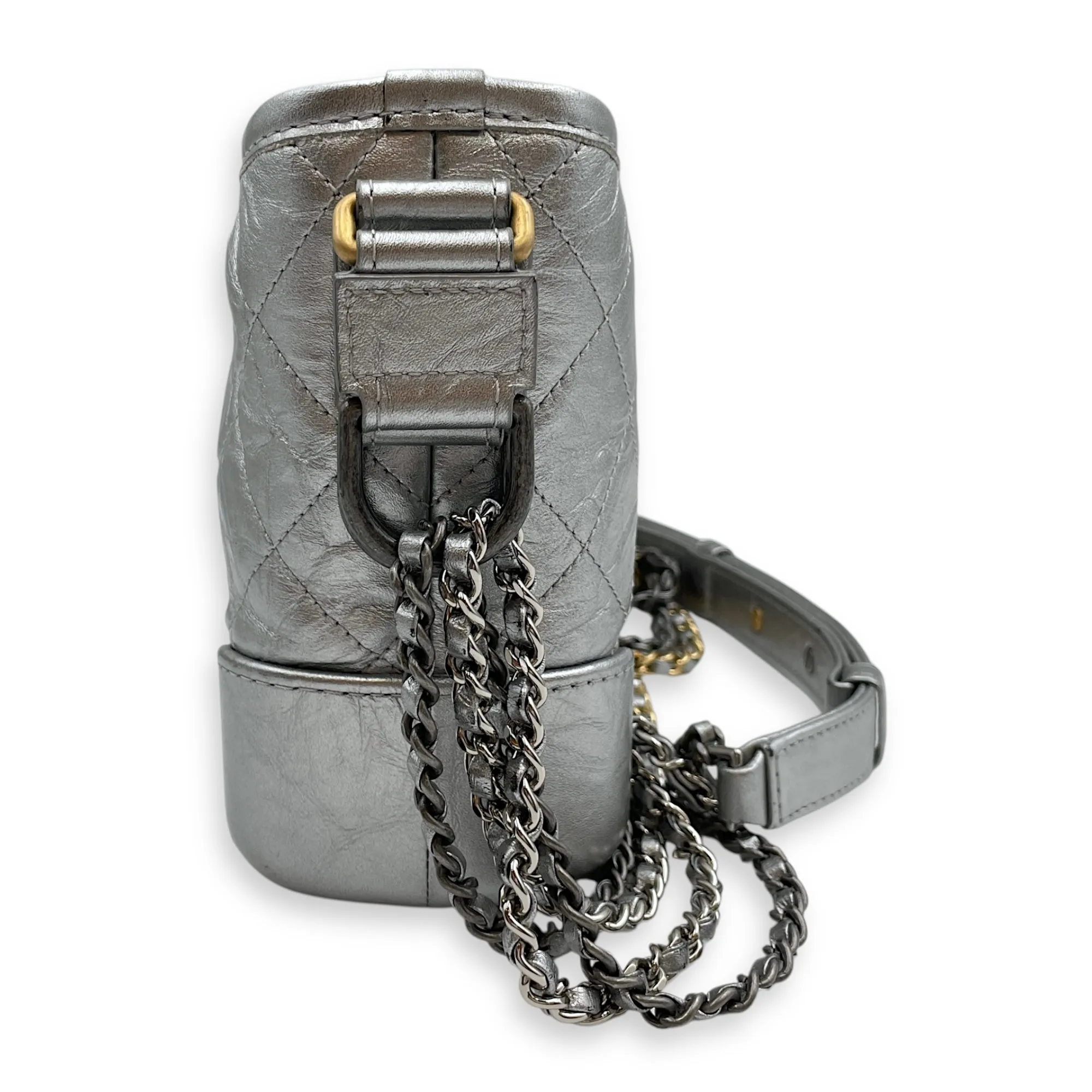 Gabrielle Hobo Silver Crossbody Bag in Distressed Leather, Tri-tone hardware