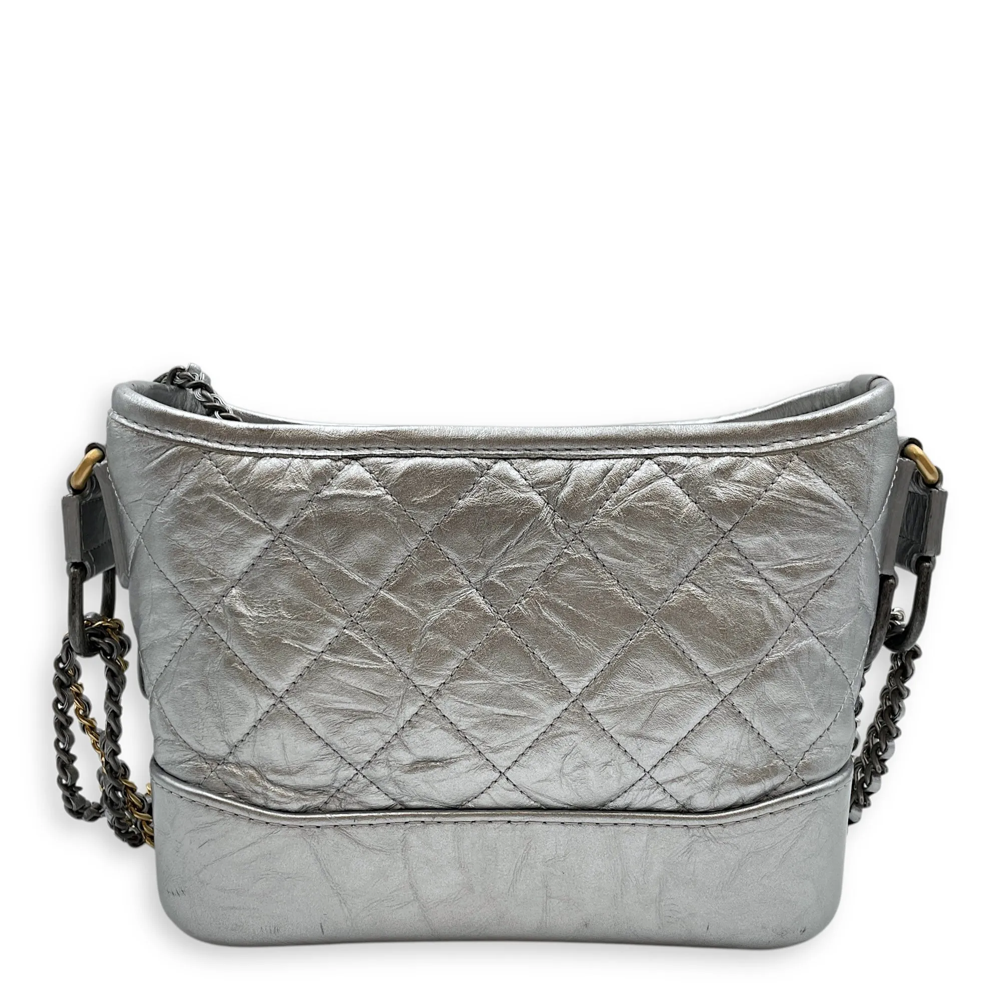 Gabrielle Hobo Silver Crossbody Bag in Distressed Leather, Tri-tone hardware