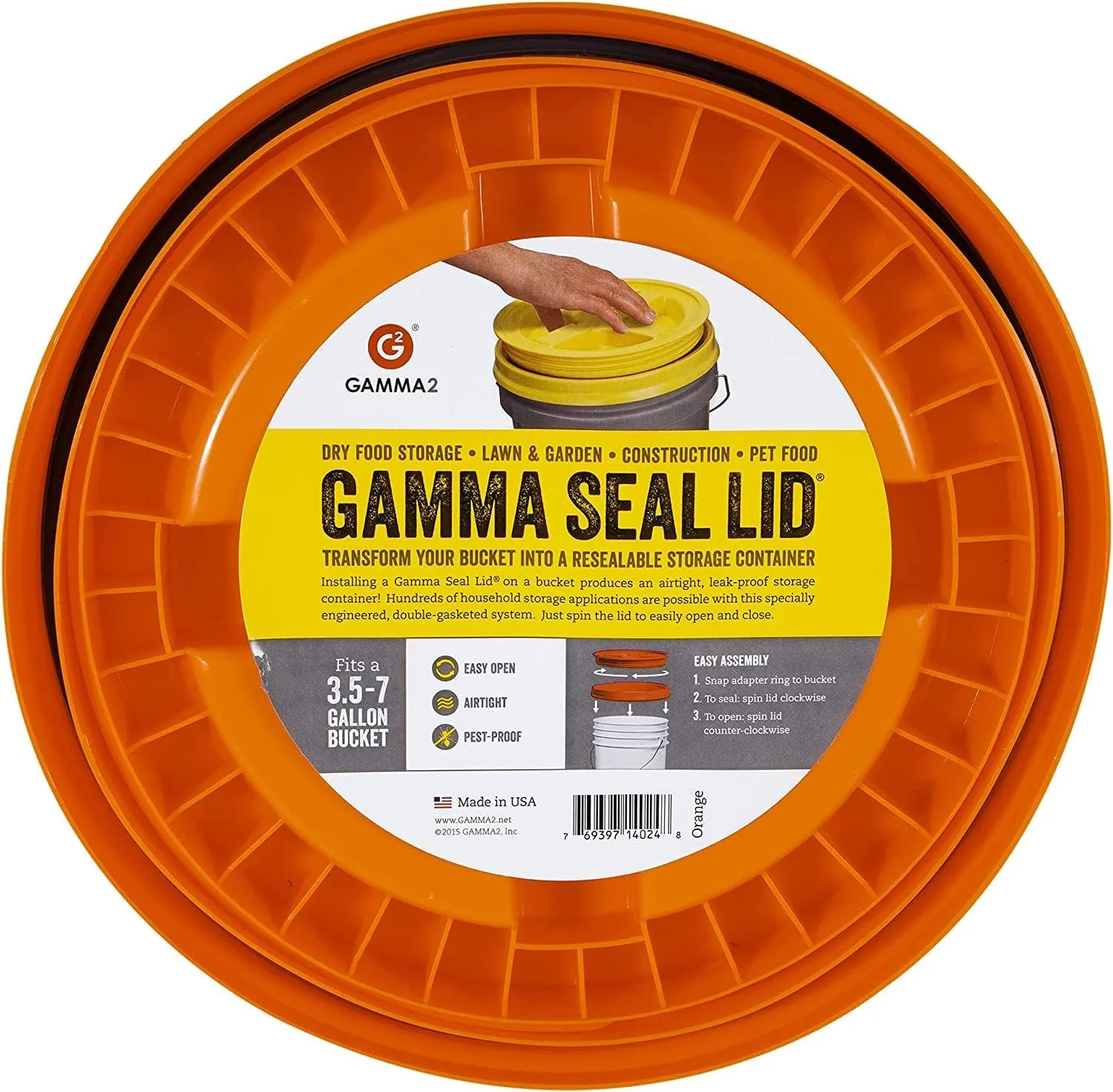 Gamma2 Gamma Seal Lid for Utility Buckets - Fits 3.5, 5, 6 & 7 gallon buckets, Orange, Made in USA