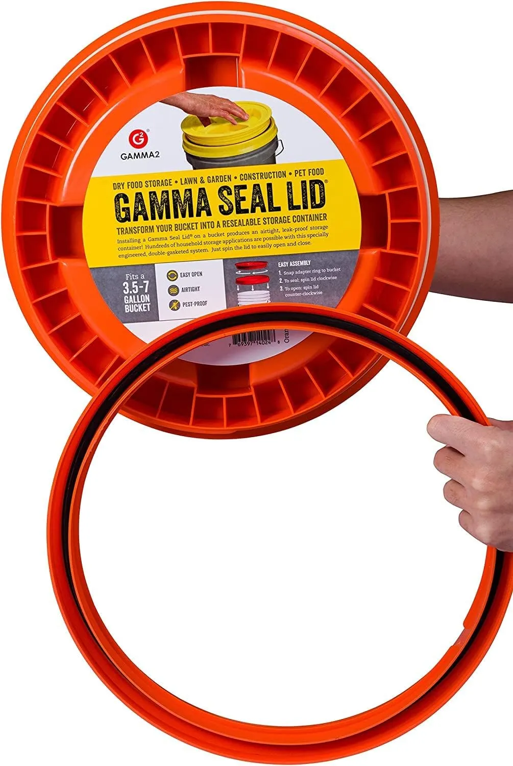 Gamma2 Gamma Seal Lid for Utility Buckets - Fits 3.5, 5, 6 & 7 gallon buckets, Orange, Made in USA