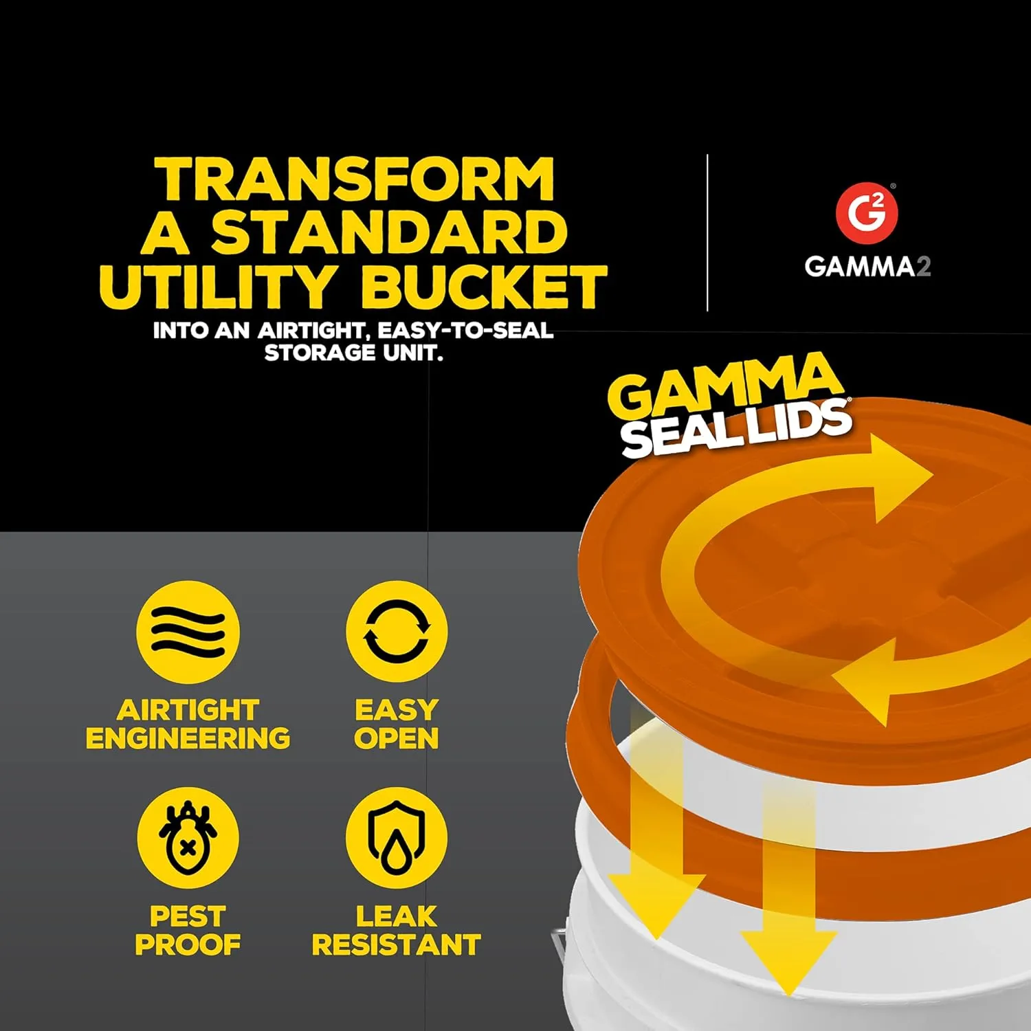 Gamma2 Gamma Seal Lid for Utility Buckets - Fits 3.5, 5, 6 & 7 gallon buckets, Orange, Made in USA