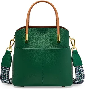 Genuine Leather Bucket Bag for Women, Top-Handle Handbags, Bucket Purses for Women with Two Removable Straps