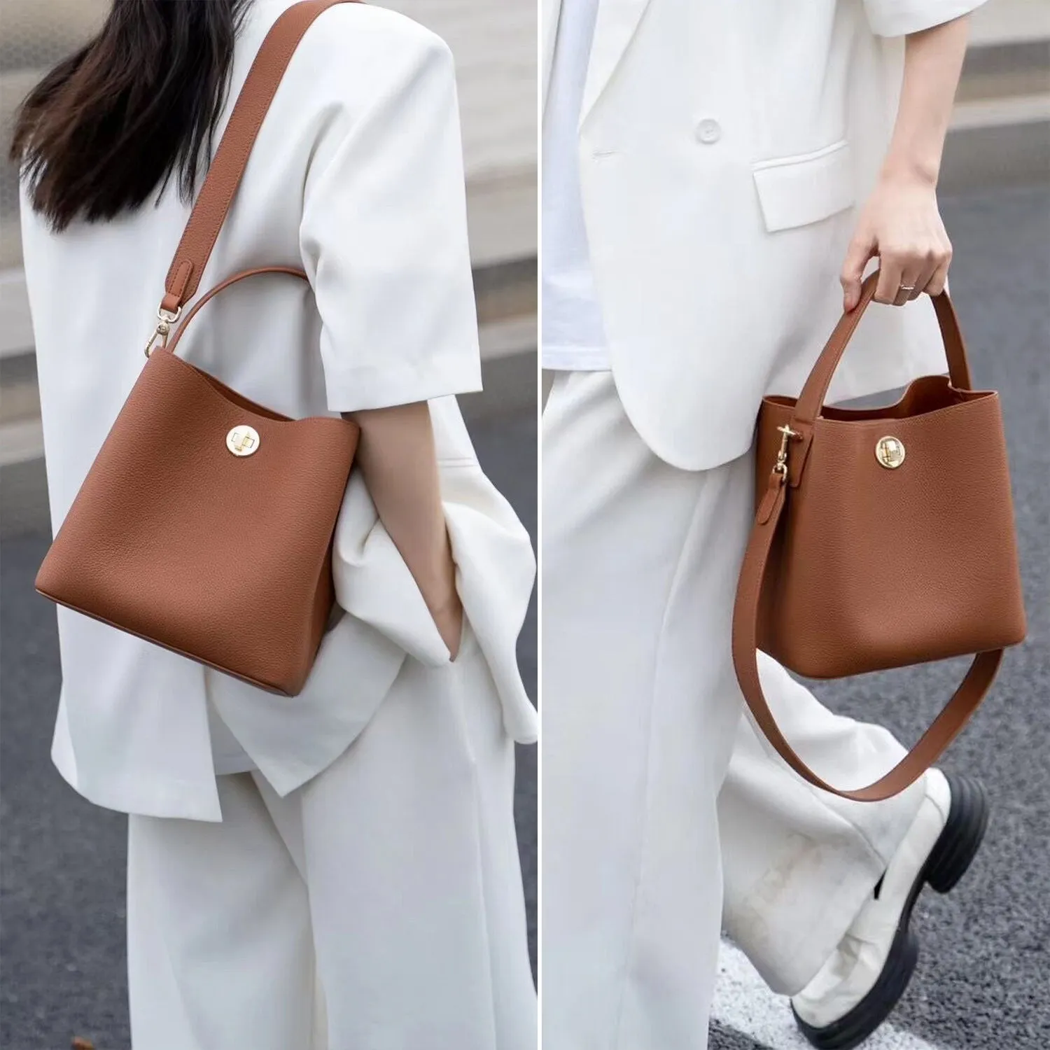 Genuine Leather Bucket Tote Bag