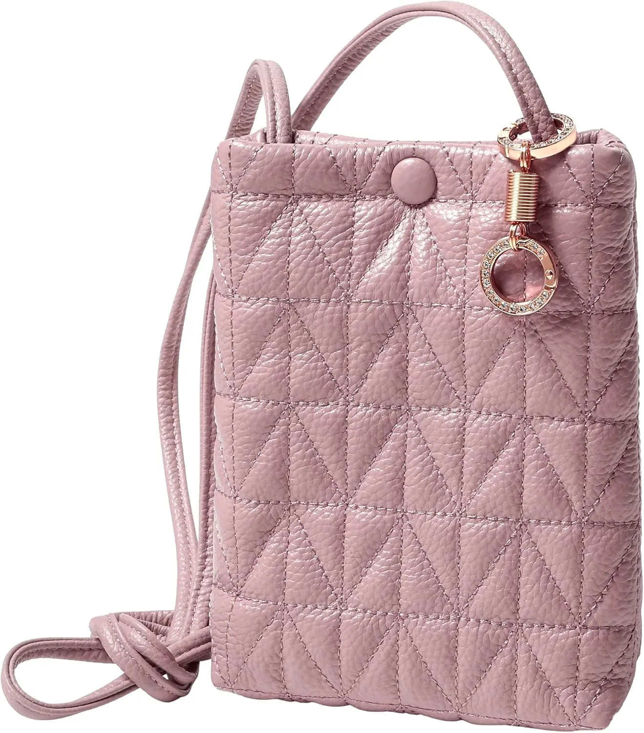 Genuine Leather Soft Quilted Phone Crossbody Small Purse, Shoulder Card Slot Pocket Wallet Bag Bling Rhinestone Key Ring