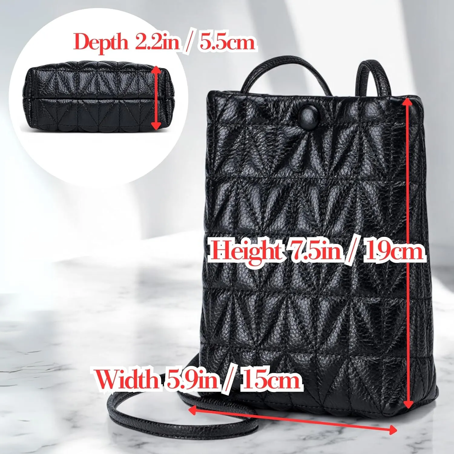 Genuine Leather Soft Quilted Phone Crossbody Small Purse, Shoulder Card Slot Pocket Wallet Bag Bling Rhinestone Key Ring