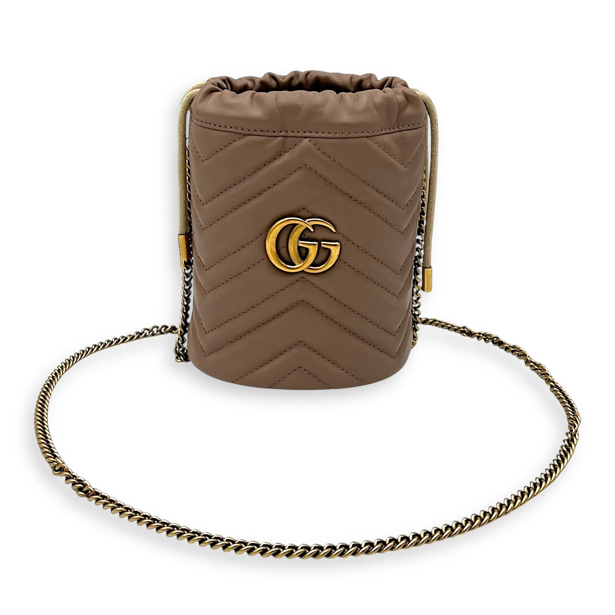 GG Marmont Bucket Bag Beige in Calfskin, Gold hardware