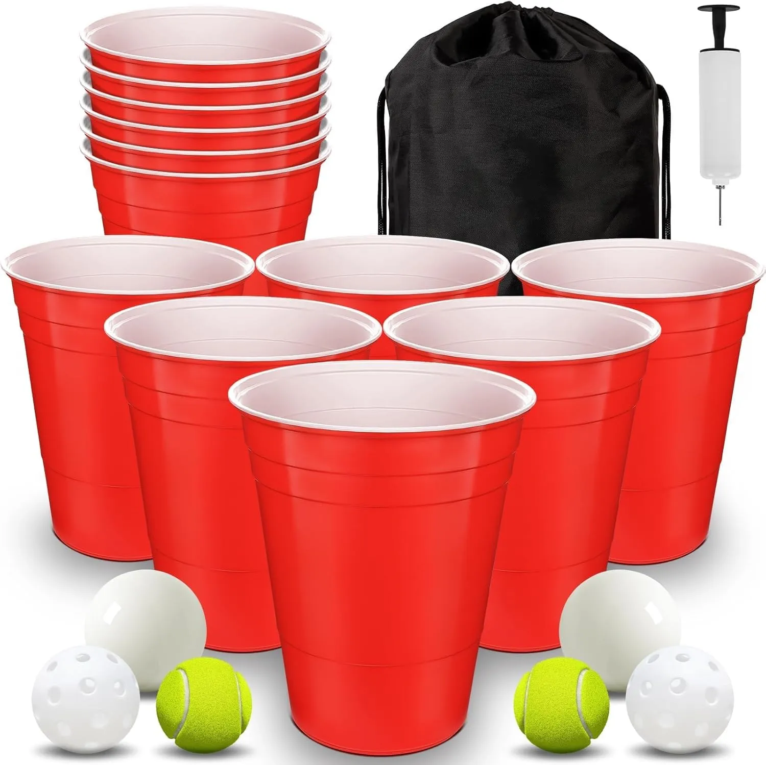 Giant Yard Pong Game Set Durable Giant Cups with Inflatable Pong Balls Pump and Carrying Bag Giant Pong Set for Lawn Beach Camping or Backyard
