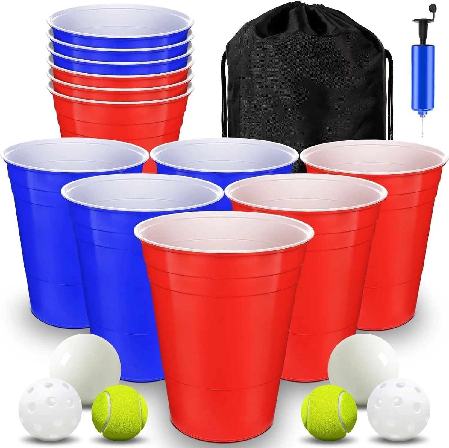 Giant Yard Pong Game Set Durable Giant Cups with Inflatable Pong Balls Pump and Carrying Bag Giant Pong Set for Lawn Beach Camping or Backyard