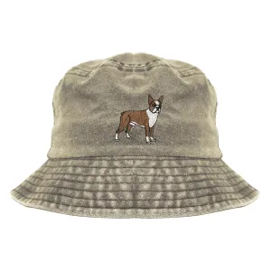 Gift for dog lover, Brown Boston terrier dog embroidered cotton bucket hat, washed bucket hat, pigment dyed bucket hat (khaki), camping hat, Boston terrier embroidered bucket hat