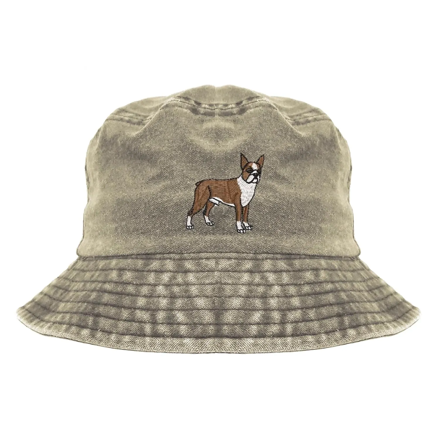 Gift for dog lover, Brown Boston terrier dog embroidered cotton bucket hat, washed bucket hat, pigment dyed bucket hat (khaki), camping hat, Boston terrier embroidered bucket hat