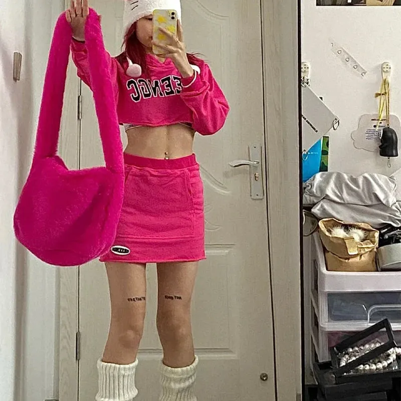 Girls Crossbody Color Faux Hot Winter Shoulder Rose Limited access Fur Plush Rabbit Bags Candy 2000s Fashion Harajuku Bag Street Pink Y2k Volume discount Women