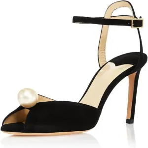 Goolita Womens Peep Toe Stiletto Heeled Sandals Shiny Pearl Buckle Ankle Strap Wedding Pumps Dress Evening Bride Bridal Shoes