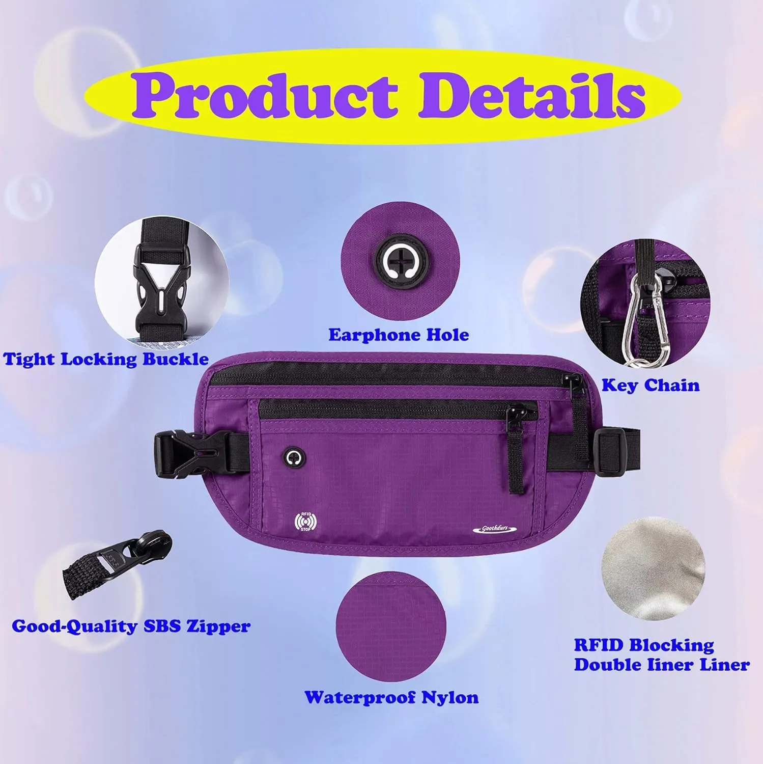 Goothdurs Fanny Pack for Women Men Fashion Waist Bag Waterproof Hip Bum Bag with Adjustable Belt for Running Travel Hiking Cycling Money