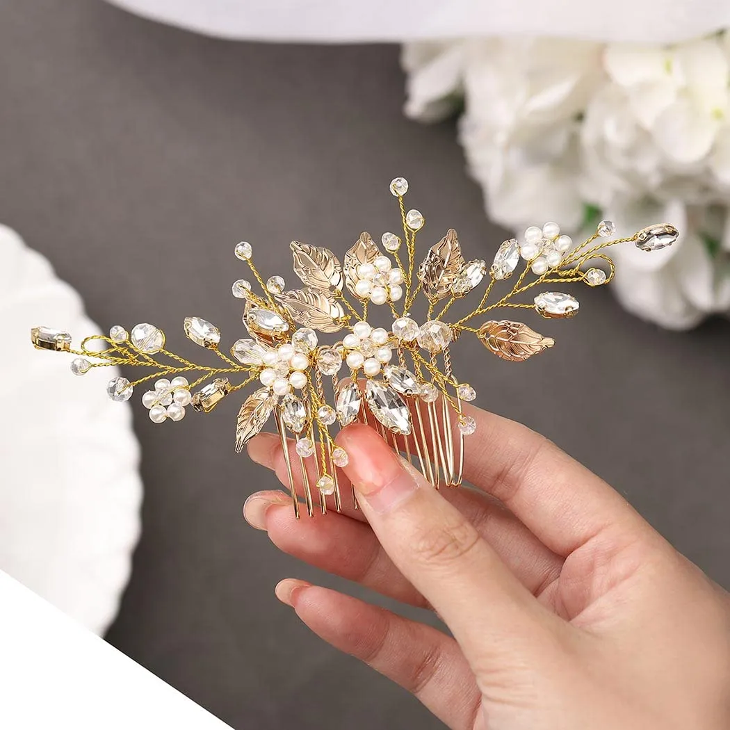 Gorais Leaf Bride Wedding Hair Comb Pearl Bridal Hair Piece Crystal Side Comb Hair Accessories for Women and Girls (B-Gold)