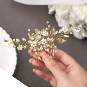 Gorais Leaf Bride Wedding Hair Comb Pearl Bridal Hair Piece Crystal Side Comb Hair Accessories for Women and Girls (B-Gold)