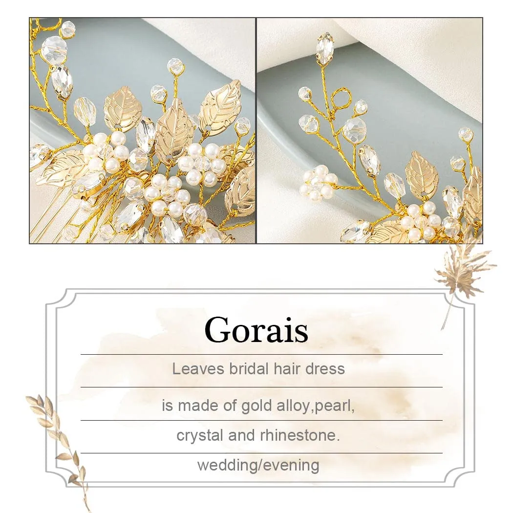 Gorais Leaf Bride Wedding Hair Comb Pearl Bridal Hair Piece Crystal Side Comb Hair Accessories for Women and Girls (B-Gold)